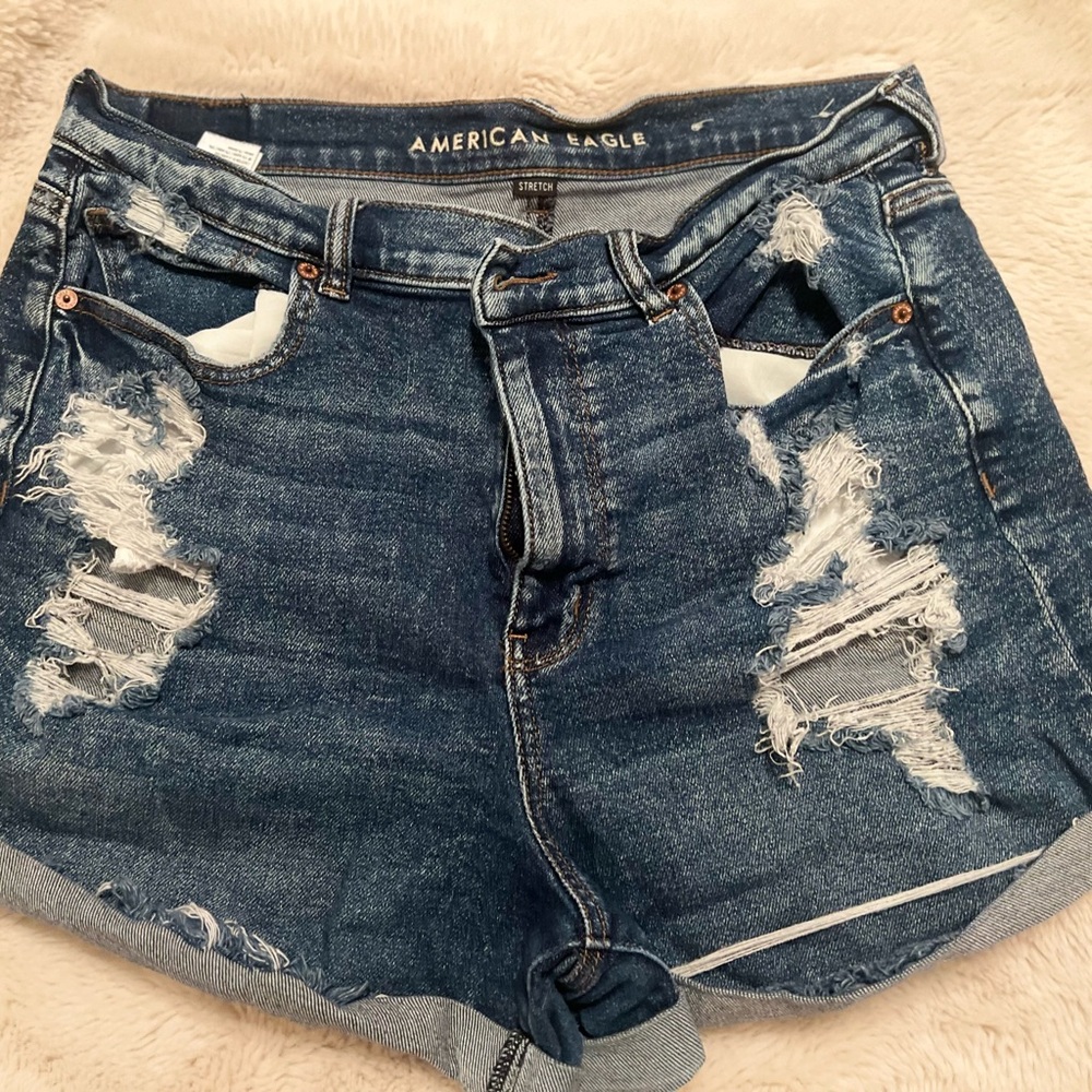 American Eagle Outfitters Women's Ripped Dark Blue Jean Shorts